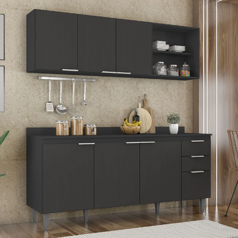Armário de Cozinha Com Tampo CP10 180cm Pérola Preto Z34 - Mpozenato