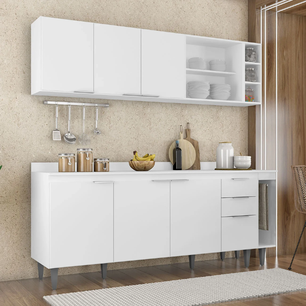 Armário de Cozinha Com Tampo CP11 200cm Pérola Branco Z34 - Mpozenato