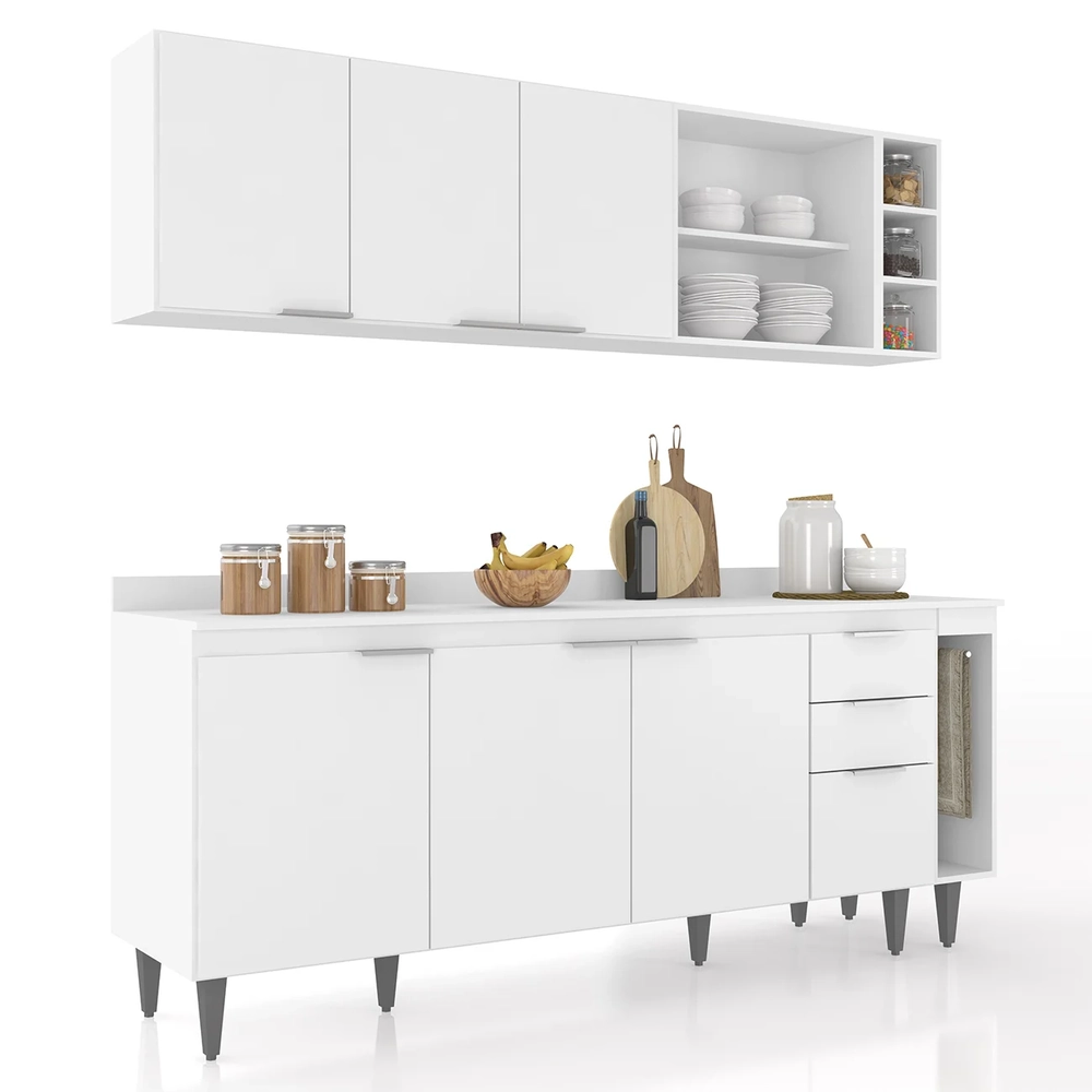 Armário de Cozinha Com Tampo CP11 200cm Pérola Branco Z34     - Mpozenato