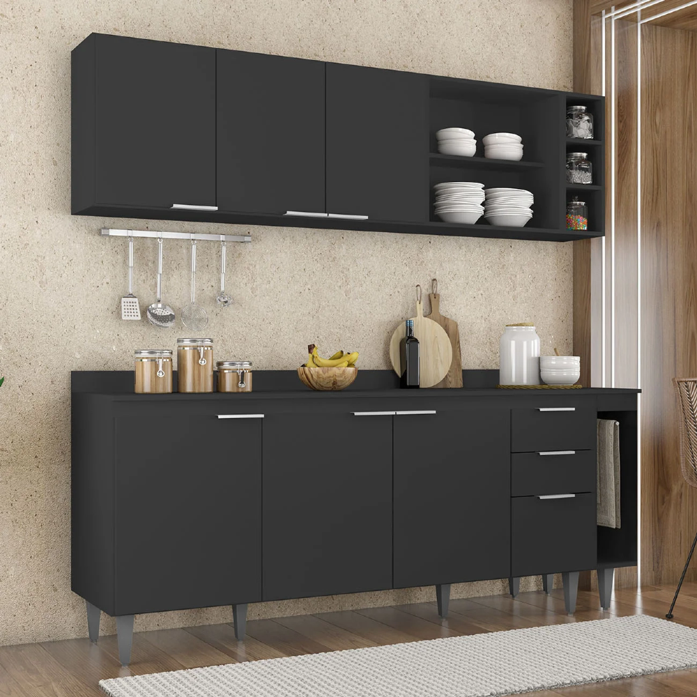 Armário de Cozinha Com Tampo CP11 200cm Pérola Preto Z34      - Mpozenato