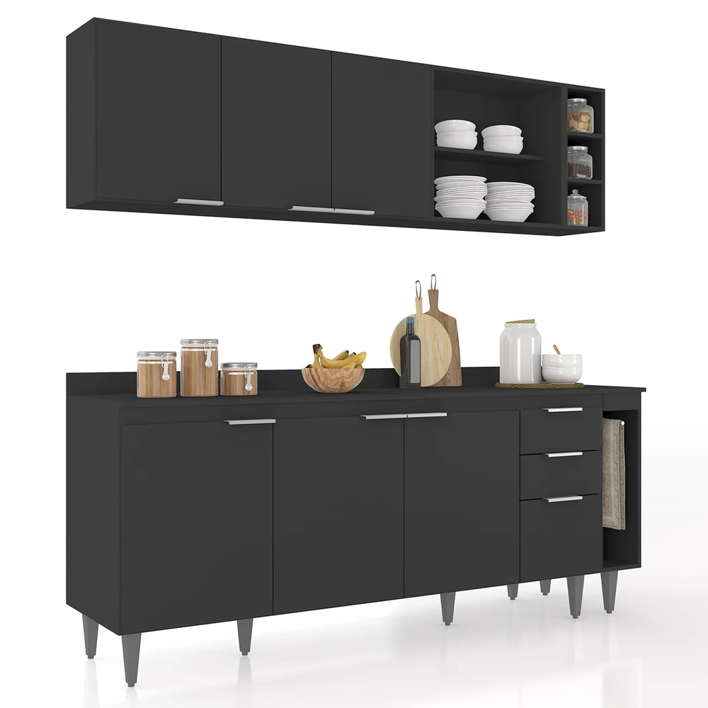 Armário de Cozinha Com Tampo CP11 200cm Pérola Preto Z34      - Mpozenato