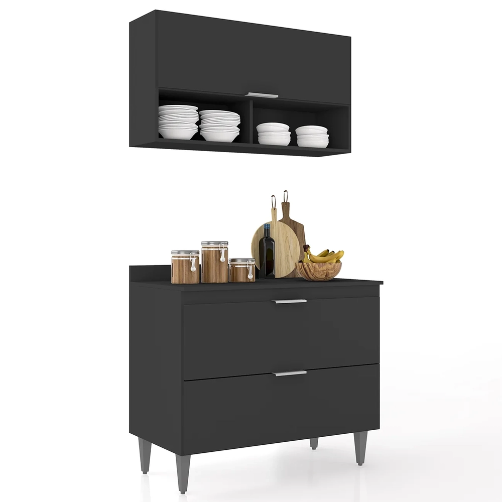 Armário de Cozinha Com Tampo CP01 100cm Pérola Preto Z34       - Mpozenato