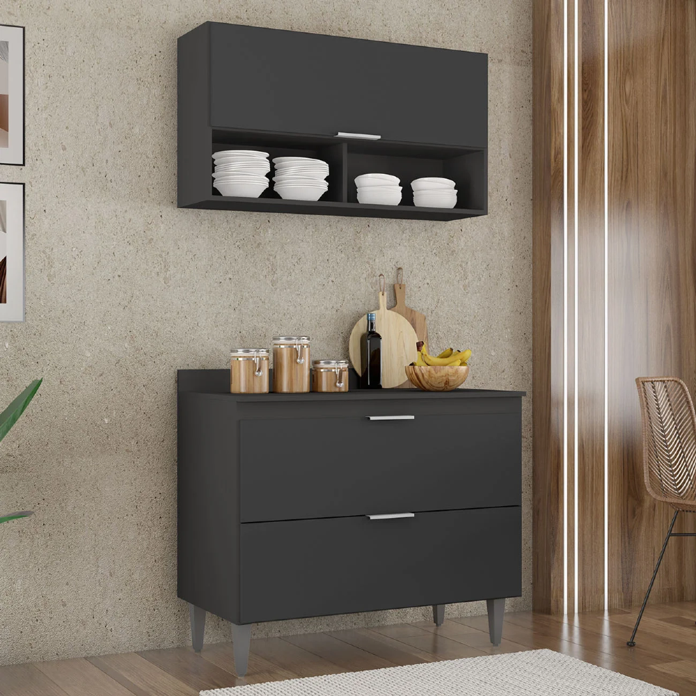Armário de Cozinha Com Tampo CP01 100cm Pérola Preto Z34 - Mpozenato