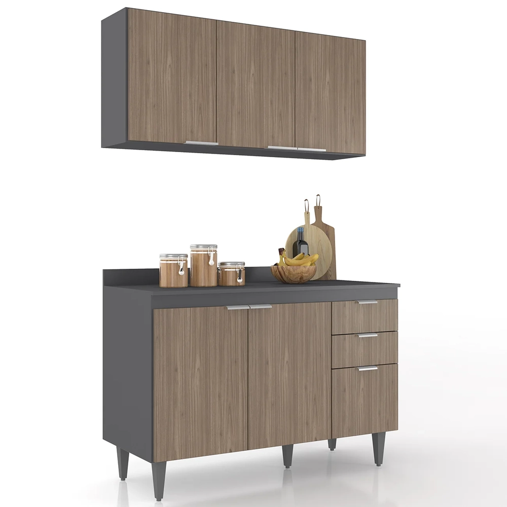 Armário de Cozinha Com Tampo CP01 120cm Pérola Grafite/Freijó Z34 - Mpozenato