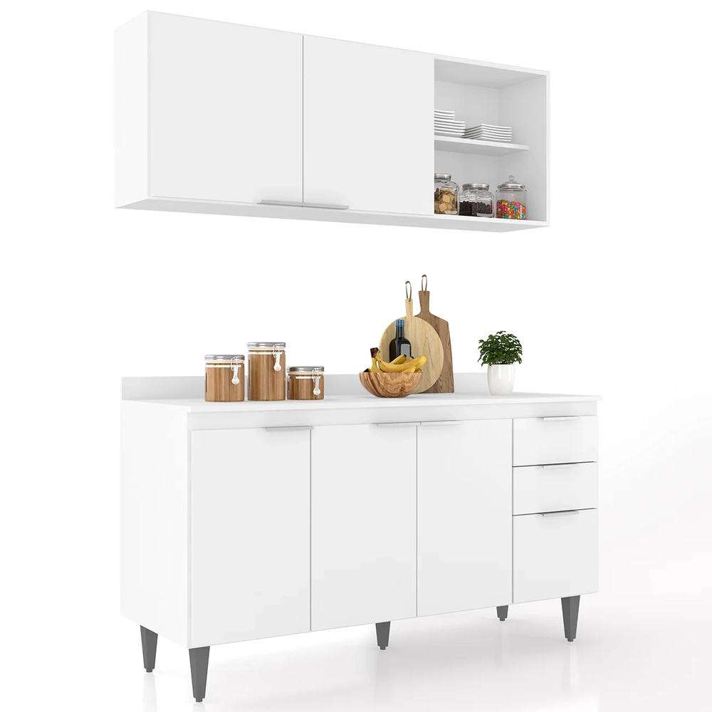 Armário de Cozinha Com Tampo CP01 150cm Pérola Branco Z34     - Mpozenato