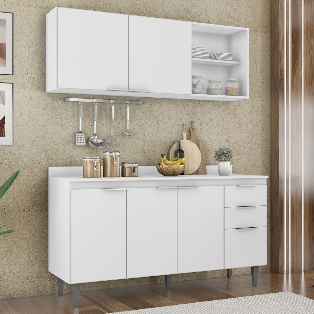 Armário de Cozinha Com Tampo CP01 150cm Pérola Branco Z34 - Mpozenato