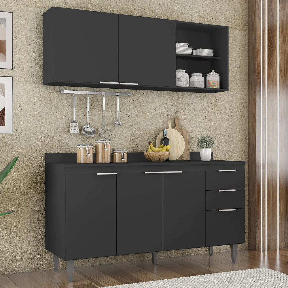 Armário de Cozinha Com Tampo CP01 150cm Pérola Preto Z34 - Mpozenato