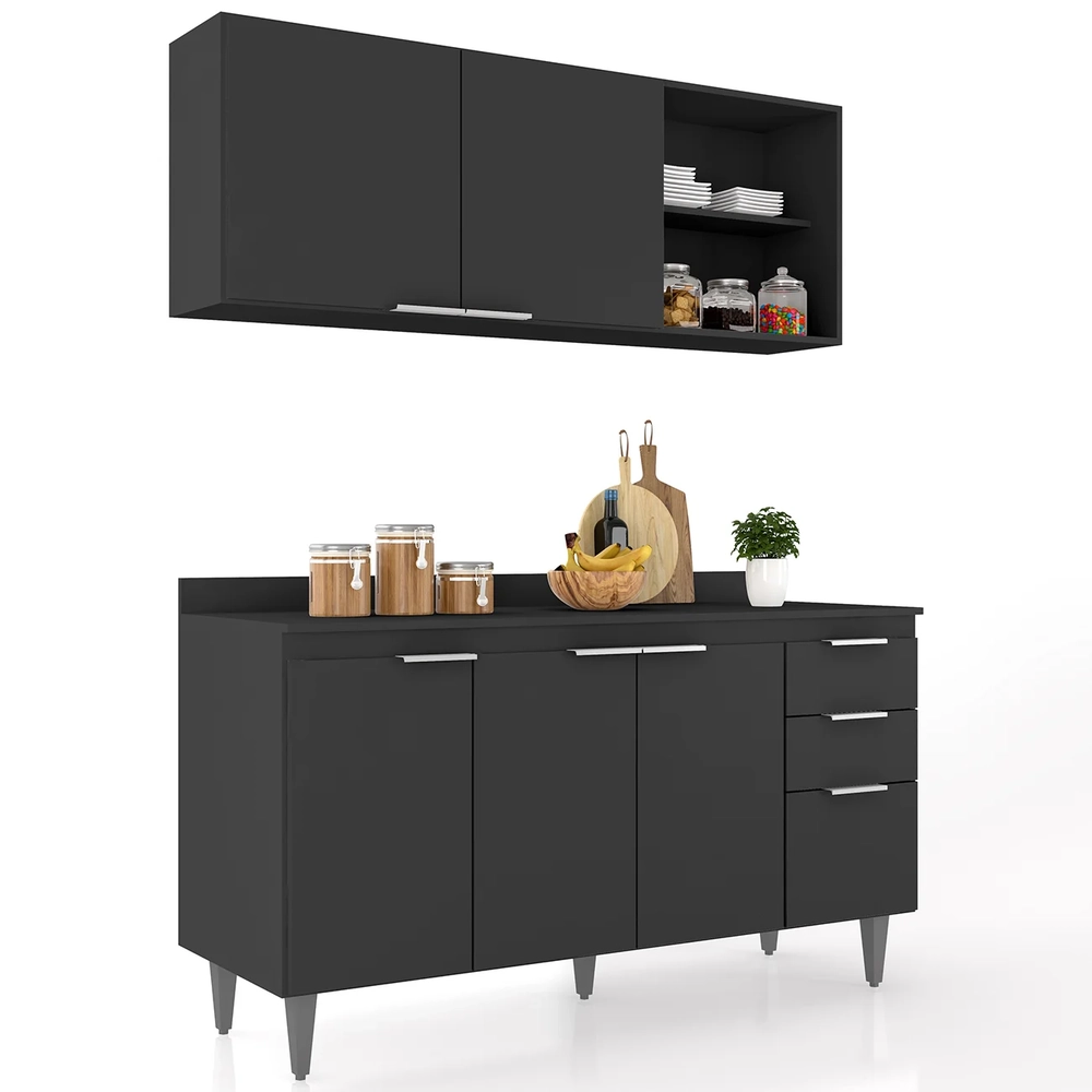 Armário de Cozinha Com Tampo CP01 150cm Pérola Preto Z34      - Mpozenato
