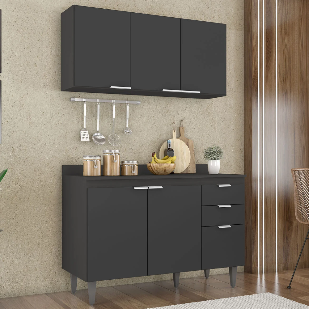Armário de Cozinha Com Tampo CP01 120cm Pérola Preto Z34 - Mpozenato