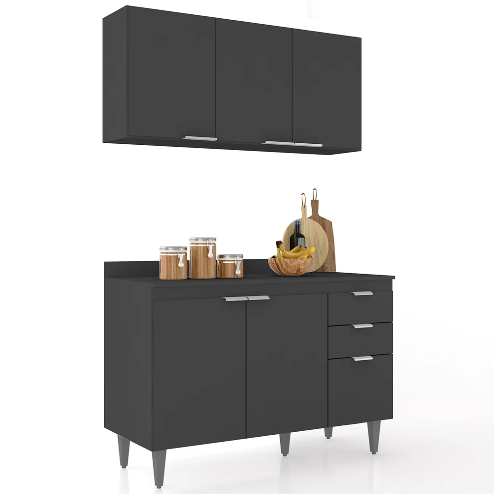 Armário de Cozinha Com Tampo CP01 120cm Pérola Preto Z34      - Mpozenato