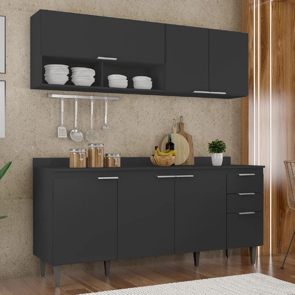 Armário de Cozinha Com Tampo CP01 180cm Pérola Preto Z34 - Mpozenato