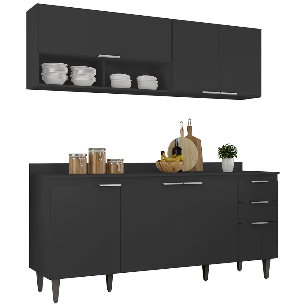 Armário de Cozinha Com Tampo CP01 180cm Pérola Preto Z34      - Mpozenato