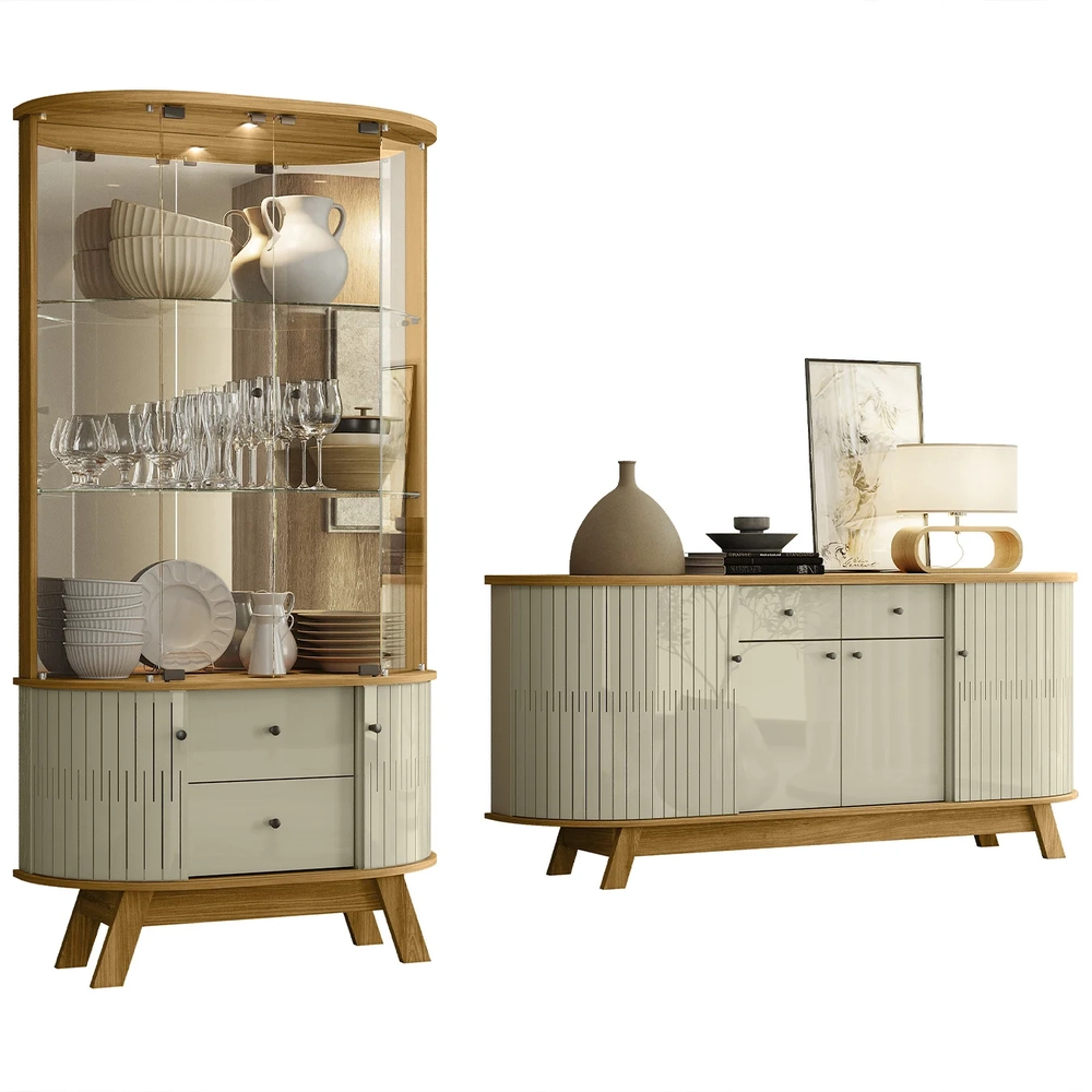 Cristaleira de Vidro Eva e Buffet Monica Z10 Cumaru/Opala - Mpozenato