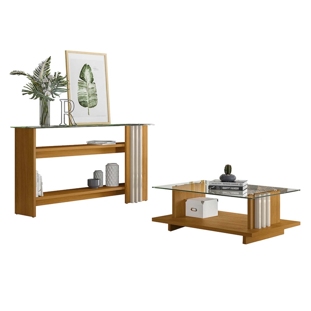 Mesa de Centro e Aparador Ripado Fire Z10 Off White/Cinamomo - Mpozenato