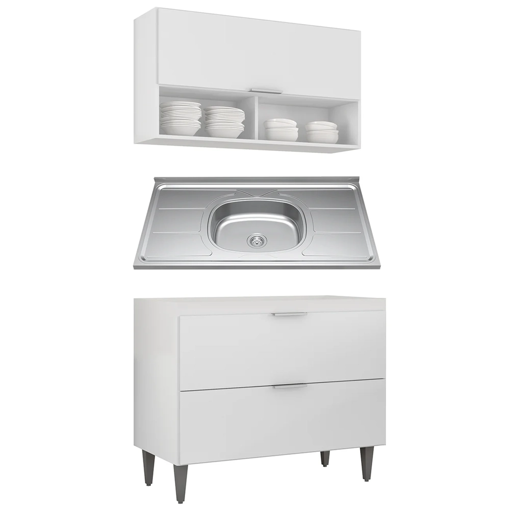 Armário de Cozinha CP01 Com Pia 100cm Pérola Z34 Branco     - Mpozenato