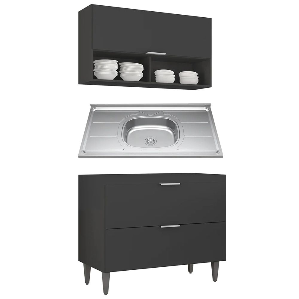 Armário de Cozinha CP01 Com Pia 100cm Pérola Z34 Preto      - Mpozenato