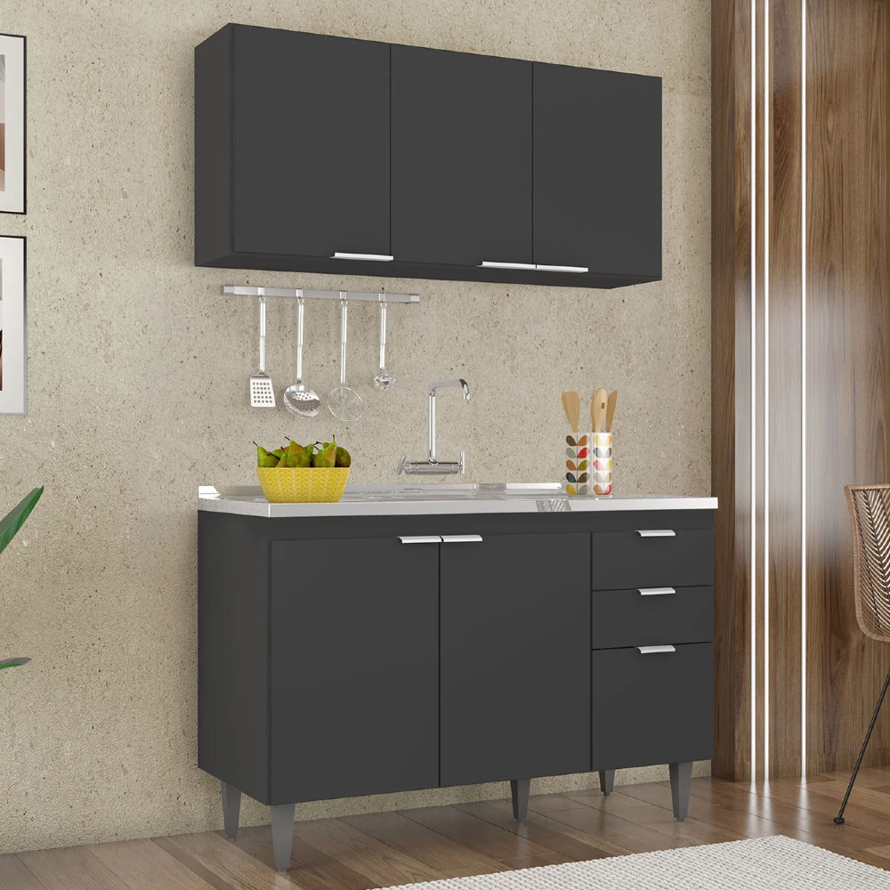 Armário de Cozinha CP01 Com Pia 120cm Pérola Z34 Preto - Mpozenato