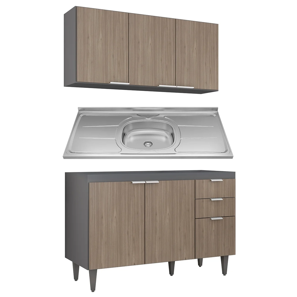 Armário de Cozinha CP01 Com Pia 120cm Pérola Z34 Grafite/Freijó - Mpozenato