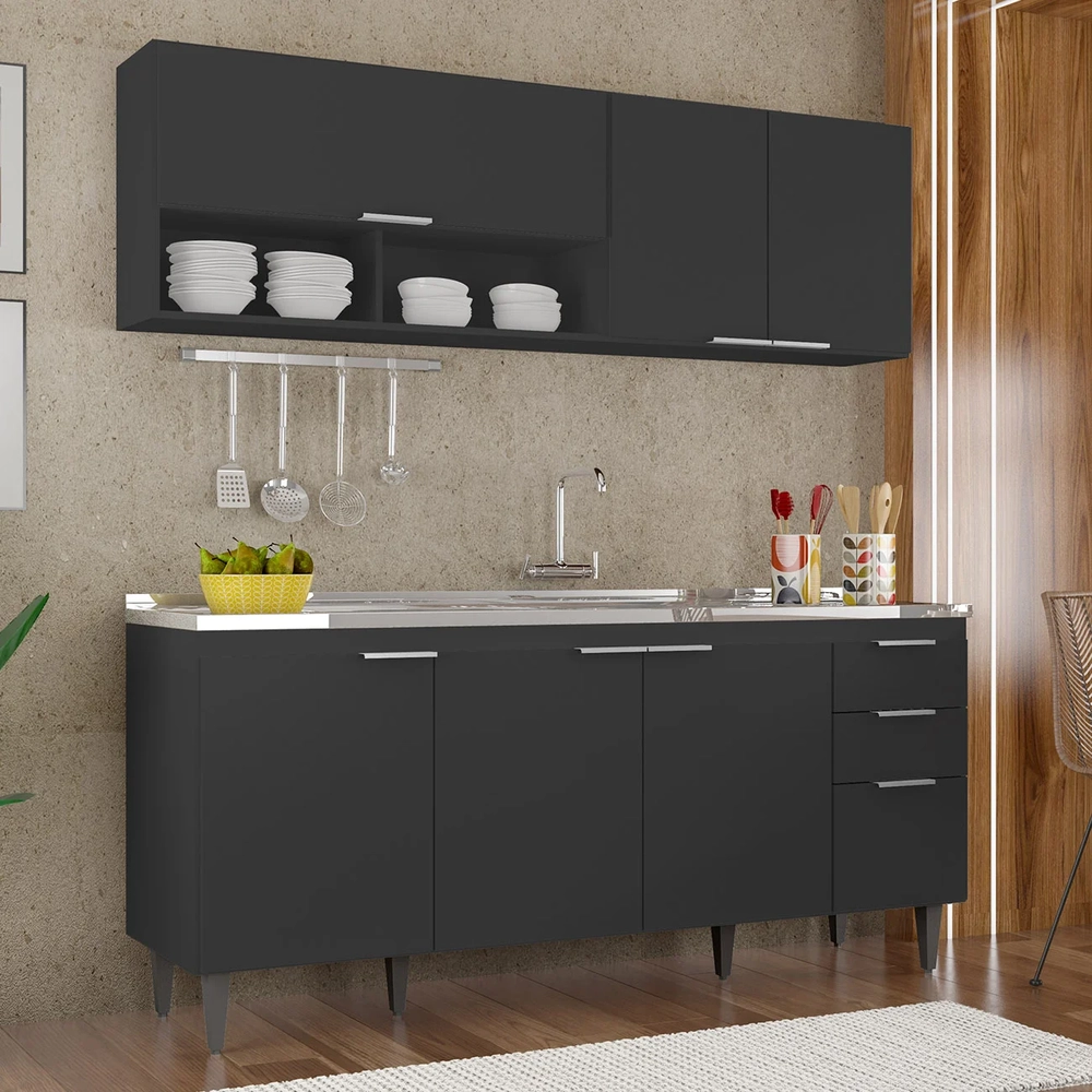 Armário de Cozinha CP01 Com Pia 180cm Pérola Z34 Preto      - Mpozenato