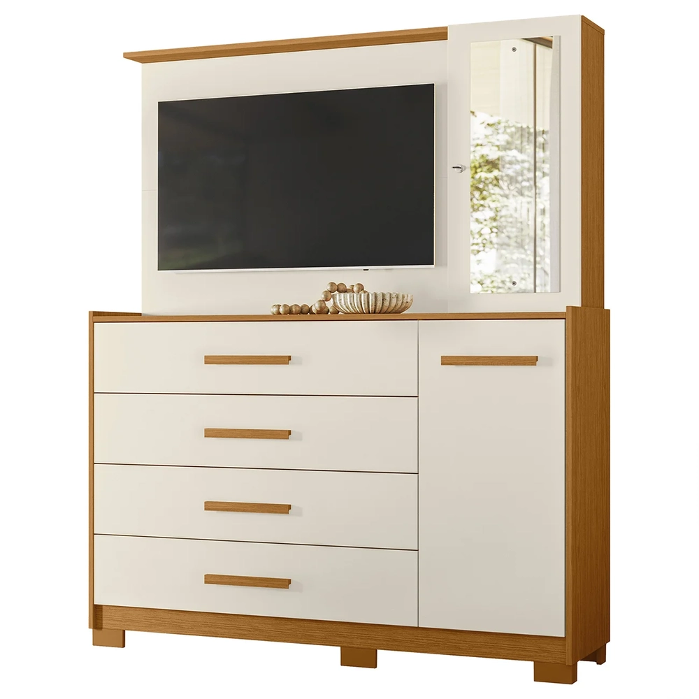 Cômoda Para Quarto com Painel TV 43 Pol Azaleia A02 Off/Cinamomo - Mpozenato