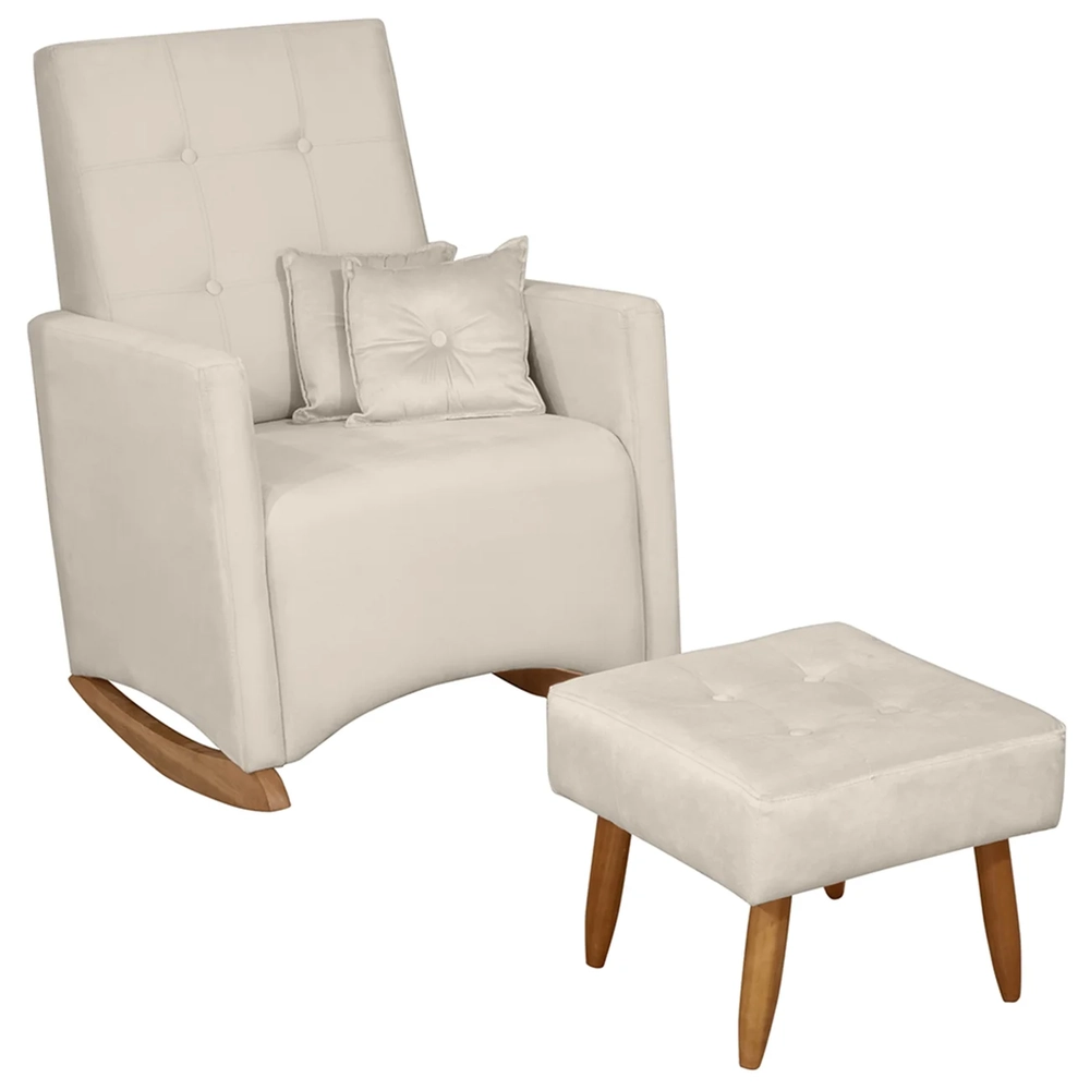 Poltrona Amamentação Base Balanço e Puff Lola Veludo Off F03 - Mpozenato