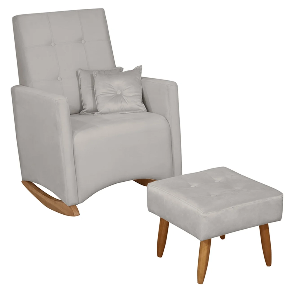 Poltrona Amamentação Base Balanço e Puff Lola Veludo Cinza F03 - Mpozenato