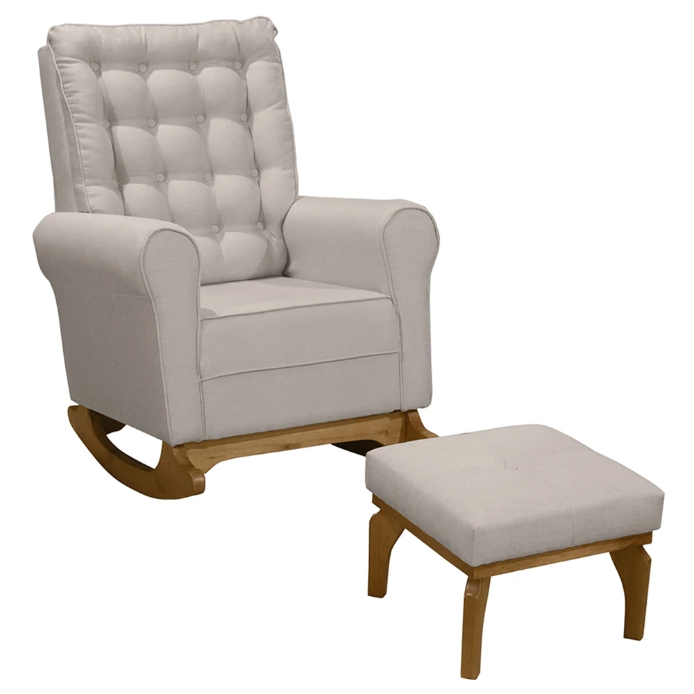 Poltrona Amamentação Base Balanço e Puff Maju Linho Bege F03 - Mpozenato