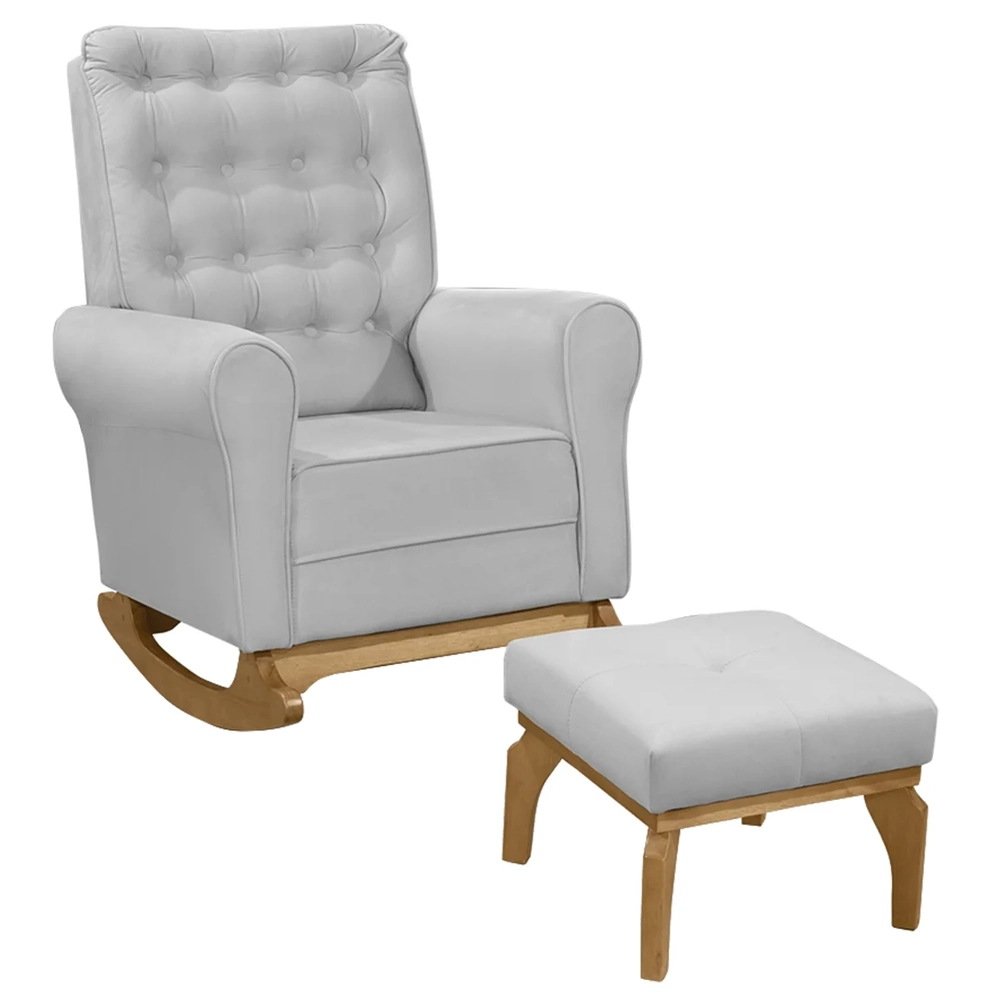 Poltrona Amamentação Base Balanço e Puff Maju Veludo Cinza F03 - Mpozenato