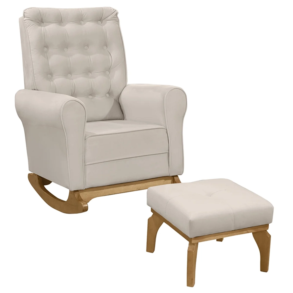 Poltrona Amamentação Base Balanço e Puff Maju Veludo Off F03 - Mpozenato