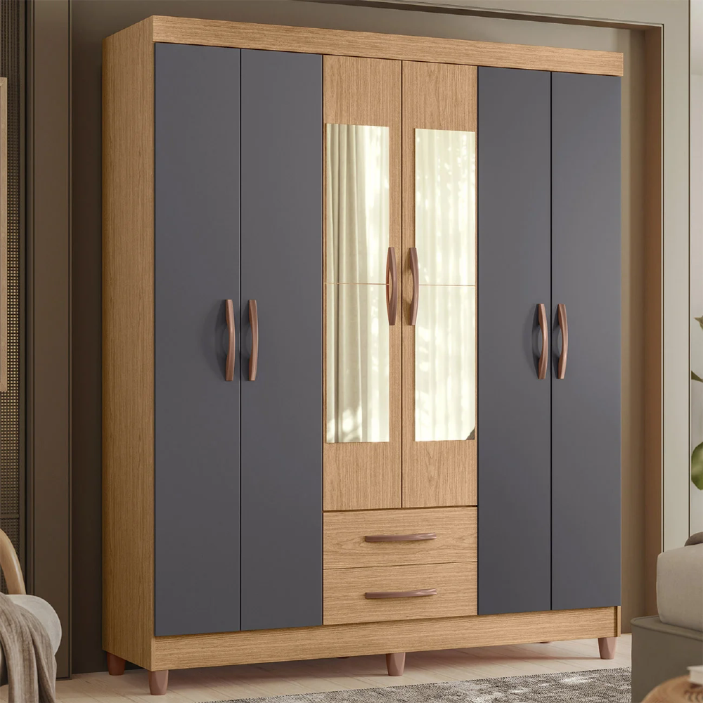 Guarda Roupa Solteiro 154cm com Espelho Dony A02 Freijó/Titanium - Mpozenato