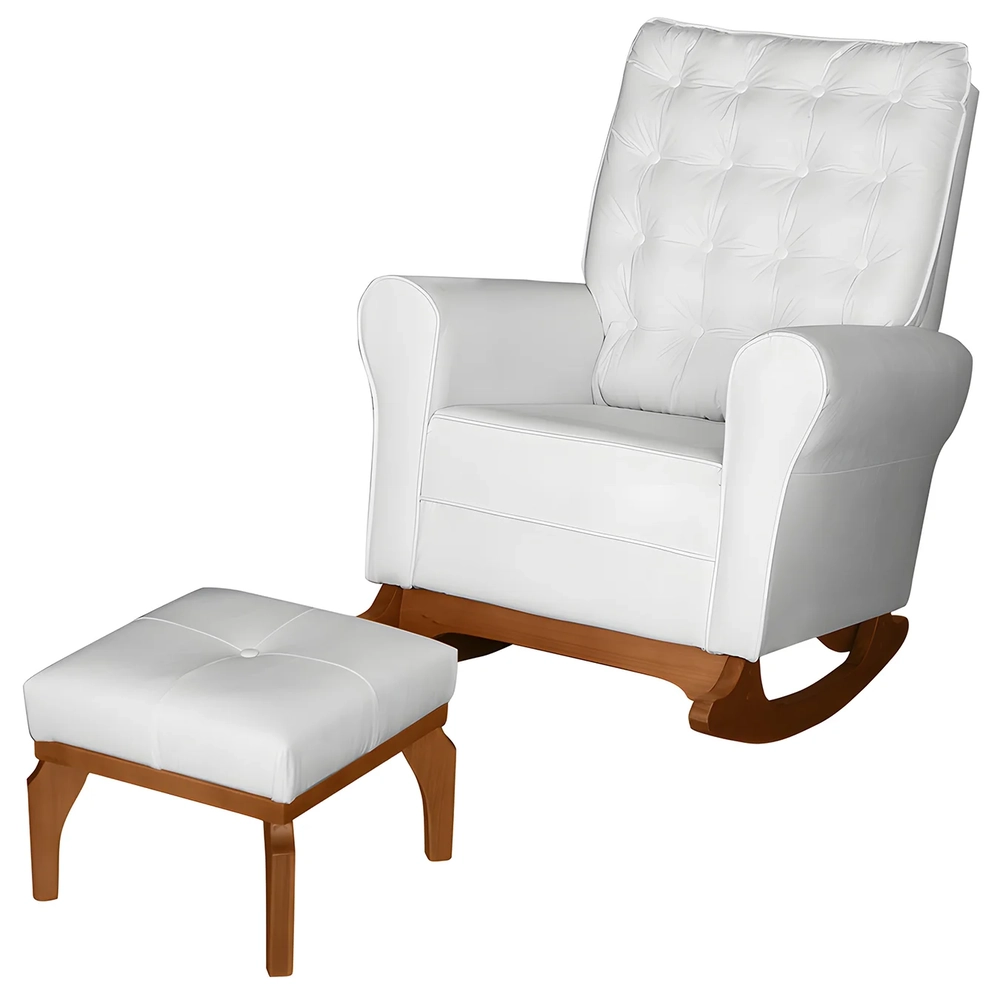 Poltrona Amamentação Base Balanço e Puff Maju Sintético Branco F03 - Mpozenato