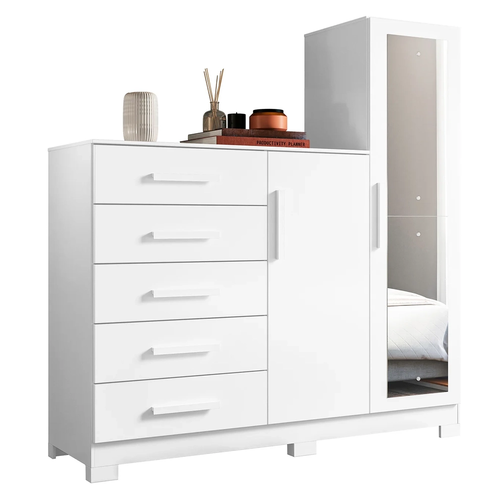 Guarda Roupa Cômoda com Espelho 158cm Suiça A02 Branco      - Mpozenato