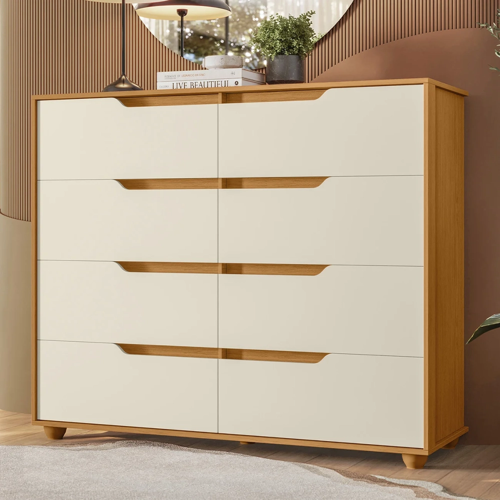 Cômoda Para Quarto 8 Gavetas 136cm Doble Flex Off/Cinamomo  - Albatroz