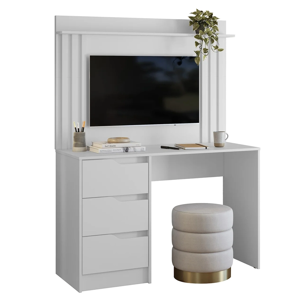 Mesa Escrivaninha 3 Gavetas Painel TV 40 Pol Doble Branco   - Albatroz