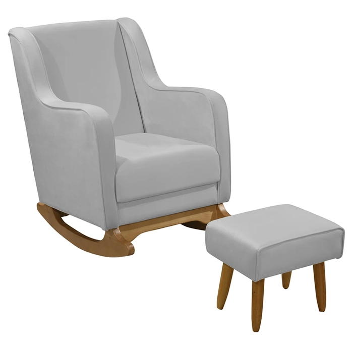 Poltrona Amamentação Base Balanço e Puff Vick Veludo Cinza F03 - Mpozenato