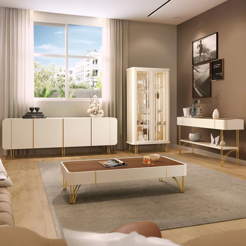 Buffet Aparador Cristaleira e Mesa de Centro Ester Off/Castanho - HB Móveis