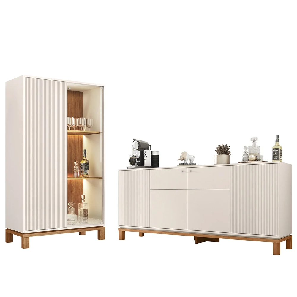 Buffet Aparador e Cristaleira com LED Lucca Off White/Freijó C01 - Mpozenato