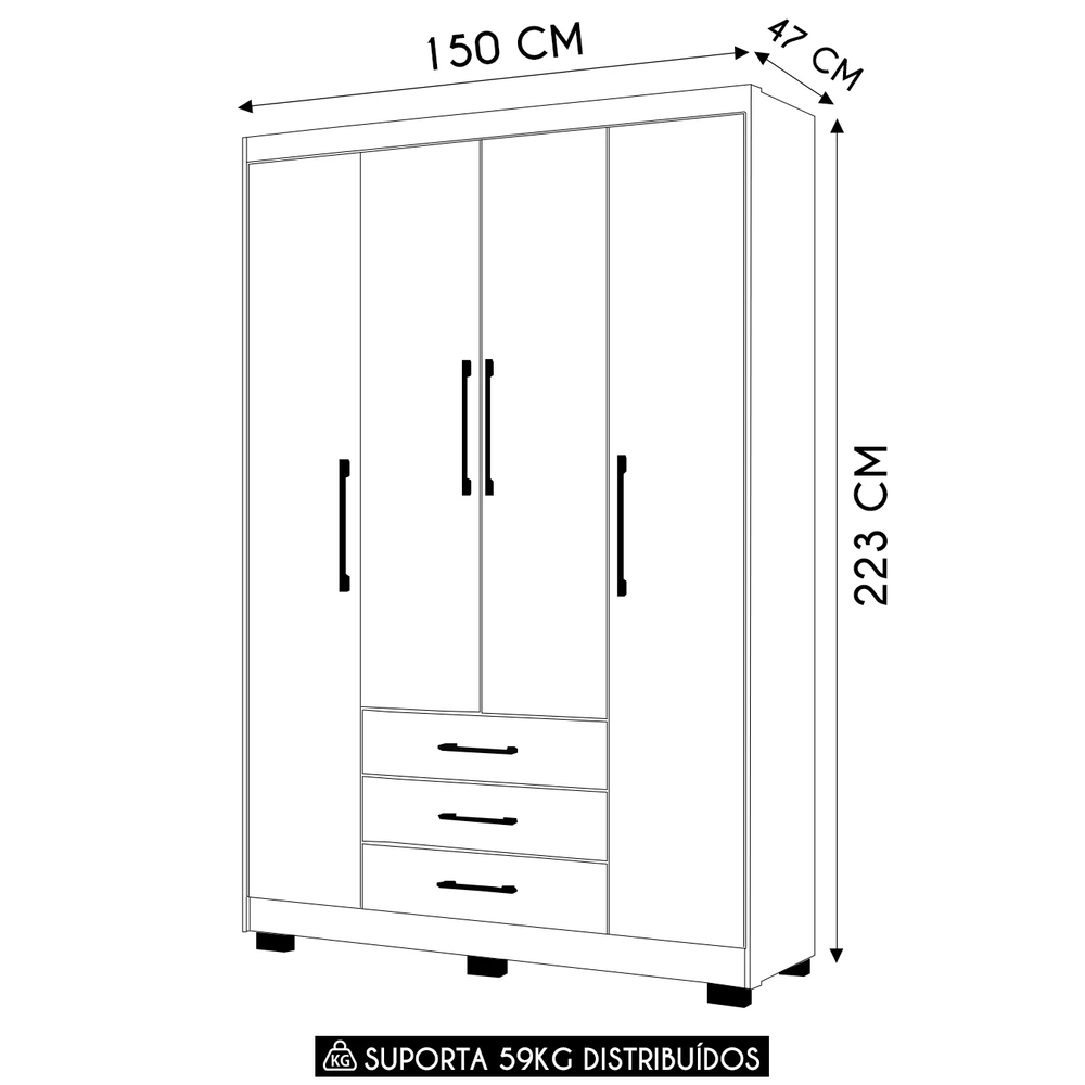 Guarda Roupa Solteiro 150cm 4 Portas Espanha Nature/Champanhe - Vila Rica