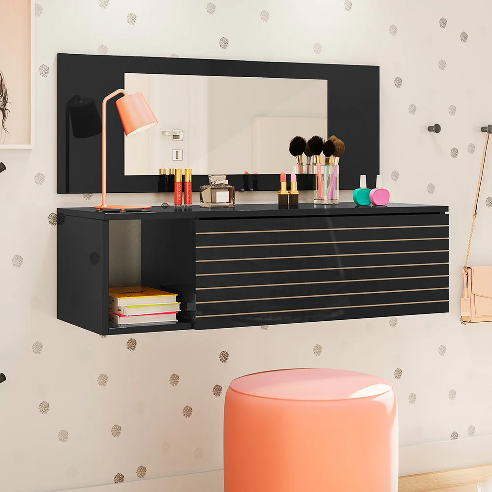 Penteadeira Suspensa com Painel e Espelho Joy Z49 Preto - Mpozenato