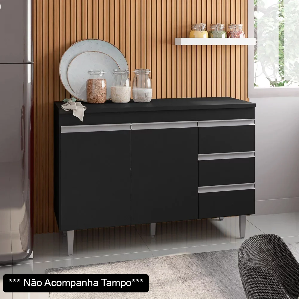 Balcão Gabinete Para Pia 120cm sem Tampo 2 Portas 3 Gavetas  Andréia Preto Total - AJL Móveis