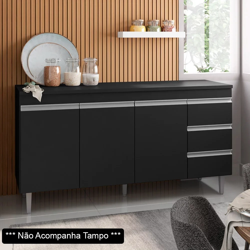 Balcão Gabinete Para Pia 150cm sem Tampo 3 Portas 3 Gavetas Andréia Preto Total - AJL Móveis