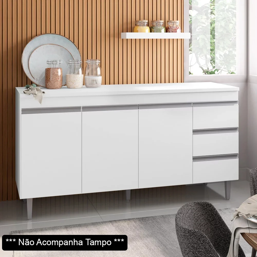 Balcão Gabinete Para Pia 160cm sem Tampo 3 Portas 3 Gavetas Andréia Branco - AJL Móveis