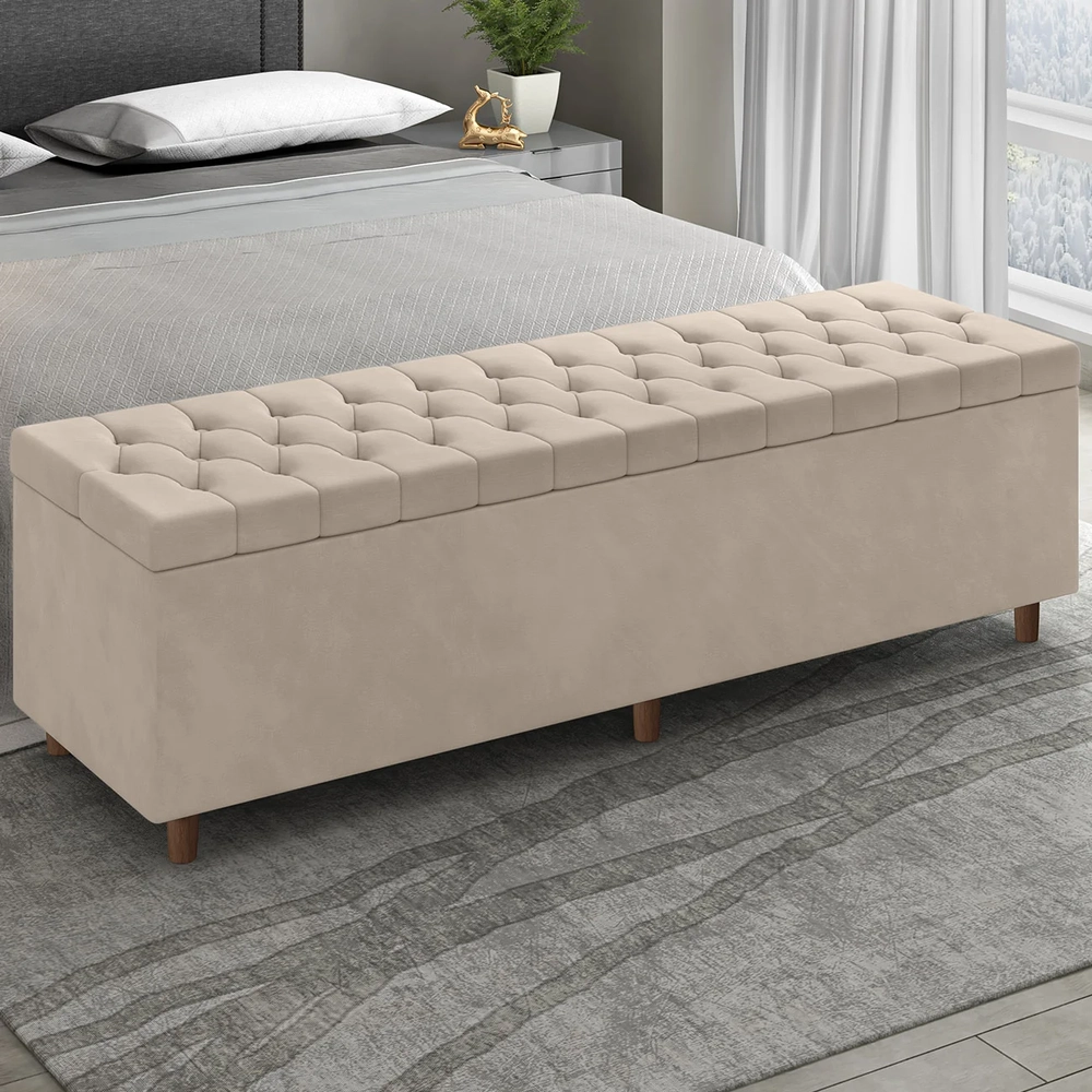 Recamier Baú Estofado Casal 140cm Indra Veludo Bege Z04 - Mpozenato
