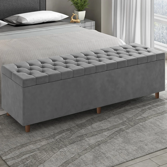 Recamier Baú Estofado Casal 140cm Indra Veludo Cinza Z04 - Mpozenato