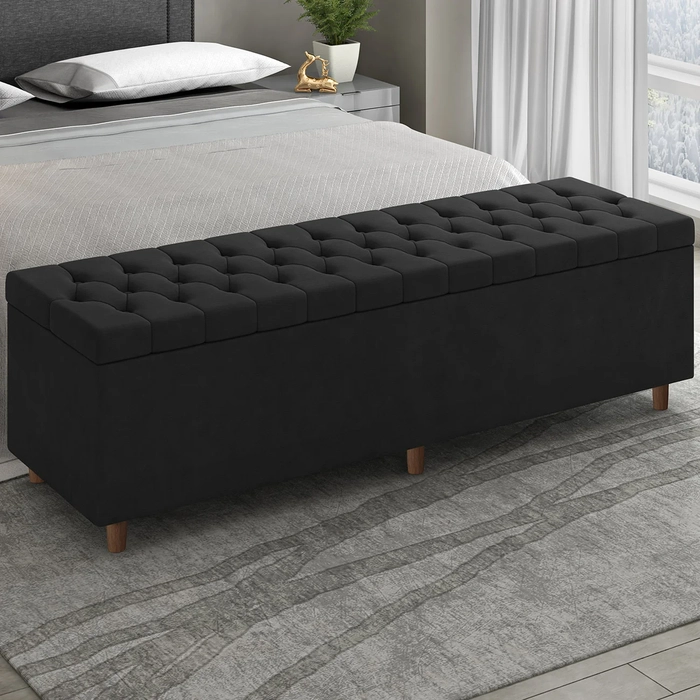 Recamier Baú Estofado Casal 140cm Indra Veludo Preto Z04 - Mpozenato