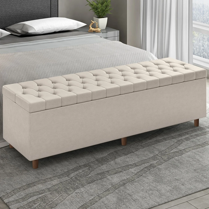 Recamier Baú Estofado Casal 140cm Indra Sintético Bege Z04 - Mpozenato