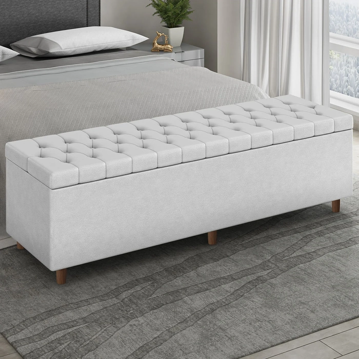 Recamier Baú Estofado Casal 140cm Indra Sintético Branco Z04 - Mpozenato 