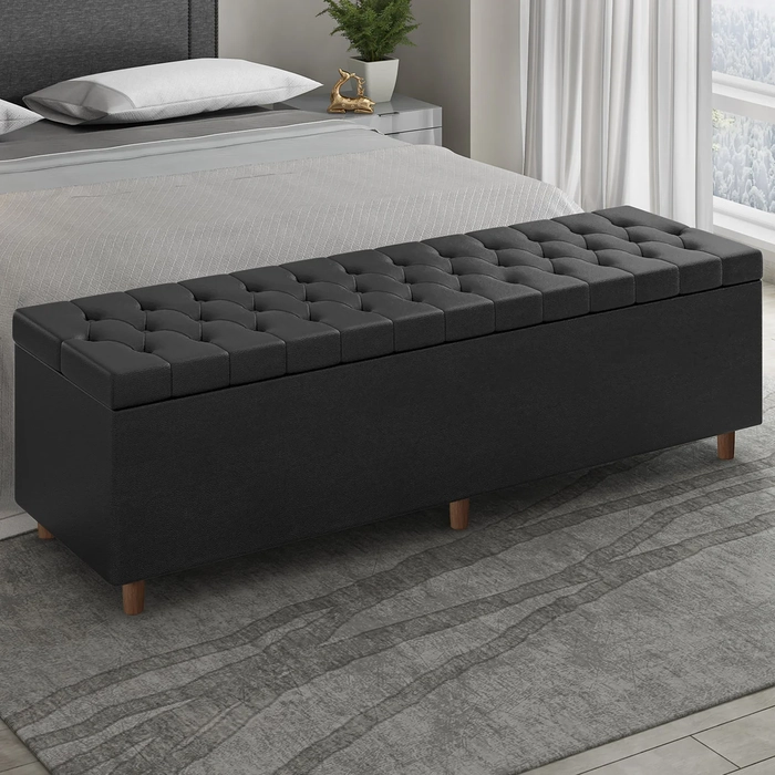 Recamier Baú Estofado Casal 140cm Indra Sintético Preto Z04 - Mpozenato 