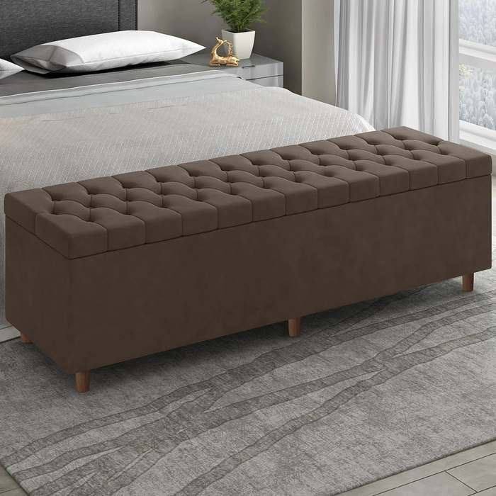 Recamier Baú Estofado Queen 160cm Indra Veludo Marrom Z04 - Mpozenato 