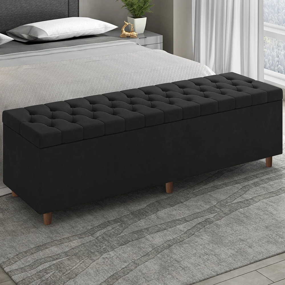 Recamier Baú Estofado King 193cm Indra Veludo Preto Z04 - Mpozenato